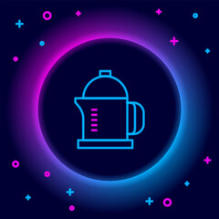 Sticker - Glowing neon line French press icon isolated on black background. Colorful outline concept. Vector