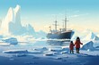 children in an ice landscape see a big ship illustration