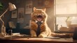 Office with laughing cat dressed in a corporate clothing and tie. Home pet in professional workplace environment with traditional corporate style. Kitty as company boss and leader. Humor and fun.
