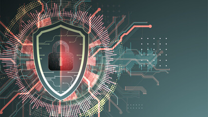 Fototapete - Technological abstract background on the topic of information protection and computer security. .Shield with the image of a padlock in the middle.