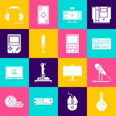 Poster - Set Bottle with magic elixir, Microphone, Create account screen, Live streaming online, Sword for game, Portable video console, Headphones and Retro arcade machine icon. Vector