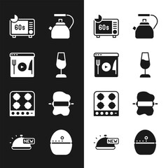 Sticker - Set Wine glass, Cooking live streaming, Microwave oven, Kettle with handle, Gas stove, Rolling pin on dough, Kitchen timer and Covered tray of food icon. Vector