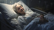 © David - Old happy woman in hospital bed, smiling face, hyperrealistic generative ai