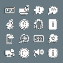 Sticker - Set line Information, Speech bubble with phone call, User manual, Exclamation, Coin money dollar, Wrench and screwdriver gear, No Internet connection and Headphones icon. Vector