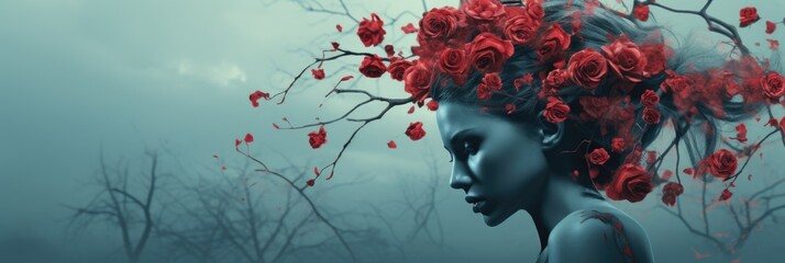 Poster - A woman with red roses in her hair, AI