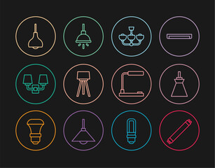 Sticker - Set line Fluorescent lamp, Lamp hanging, Chandelier, Floor, Wall sconce, Table and icon. Vector