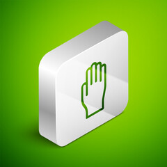 Sticker - Isometric line Medical rubber gloves icon isolated on green background. Protective rubber gloves. Silver square button. Vector Illustration