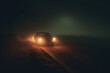Car on dirt rural road in foggy night, headlights shine through the fog. Generative AI
