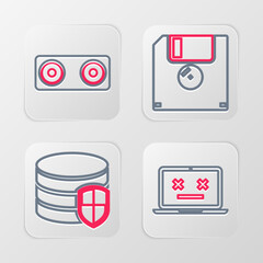 Sticker - Set line Dead laptop, Database protection, Floppy disk and Stereo speaker icon. Vector