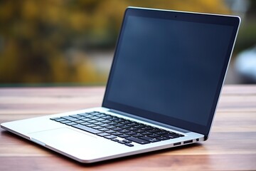 blank laptop on wooden tabletop