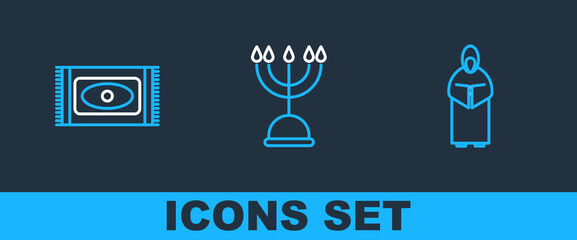 Canvas Print - Set line Monk, Traditional carpet and Hanukkah menorah icon. Vector