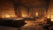 an ancient Egyptian pyramid room with hieroglyphics, mummies, and sarcophagi