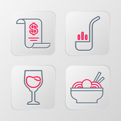 Poster - Set line Asian noodles in bowl, Wine glass, Kitchen ladle and Paper or financial check icon. Vector