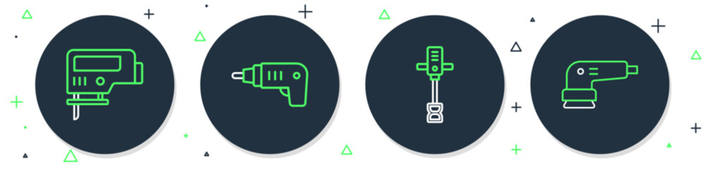 Poster - Set line Electric cordless screwdriver, Electrical hand concrete mixer, jigsaw and sander icon. Vector