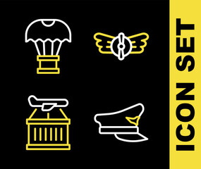 Poster - Set line Aviation emblem, Pilot hat, Plane and Box flying parachute icon. Vector