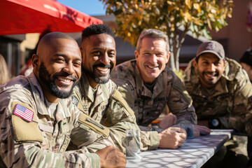 a cheerful group of military veterans, smiles soldier men who proudly served their country, in an ou