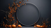 Round Arch, Frame Of Branches And Leaves Autumn Theme On A Dark Background, Presentation Of A New Product, Stage