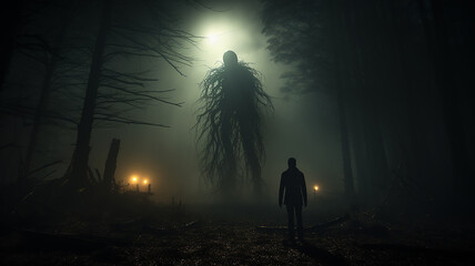 Wall Mural - Horror a lonely silhouette in a gloomy foggy forest, maniac thriller the darkness of the night