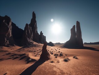 Wall Mural - A desert scene with rocks and sand in the foreground. Generative AI image.