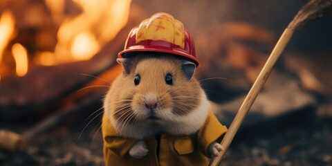 Sticker - A hamster wearing a fireman's hat and holding a stick. Generative AI image.