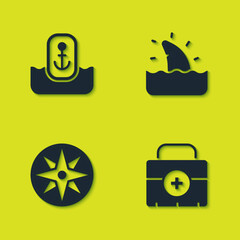 Poster - Set Location with anchor, First aid kit, Wind rose and Shark fin ocean wave icon. Vector