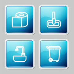 Wall Mural - Set line Toilet paper roll, Mop, Washbasin with water tap and Trash can icon. Vector