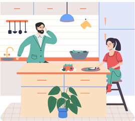 Wall Mural - People cooking vegetarian food. Vector illustration. Smiling people cooking on home interior kitchen table. Characters cooking fresh salad and other healthy meals from fresh vegetables