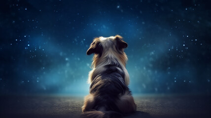 Wall Mural - dog view from the back sitting and looking at the stars in the night sky.