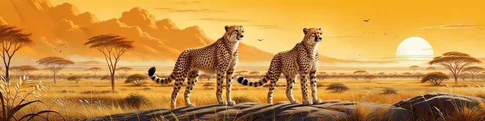 Abstract fantasy illustration 2 cheetahs on African landscape background. For social media banner background and for your design.