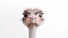 Portrait Of Ostrich Bird Head And Neck  (Struthio Camelus), Is A Species Of Large Flightless Bird Native To Certain Large Areas Of Africa On White Background