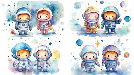 Wall Mural - watercolor style cartoon illustration of cute kid wearing spacesuit explore in outer space with planet, balloons and star, isolated on white background, collection set, Generative Ai