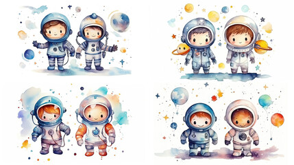 Wall Mural - watercolor style cartoon illustration of cute kid wearing spacesuit explore in outer space with planet, balloons and star, isolated on white background, collection set, Generative Ai