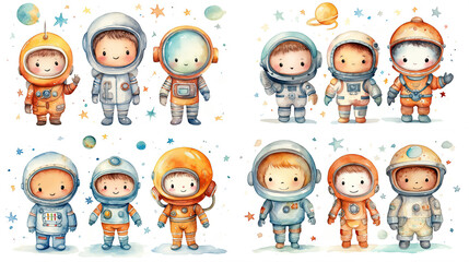 Wall Mural - watercolor style cartoon illustration of cute kid wearing spacesuit explore in outer space with planet, balloons and star, isolated on white background, collection set, Generative Ai