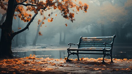 Wall Mural - a bench in an autumn park landscape in the morning fog and tranquility background with a copy of space.