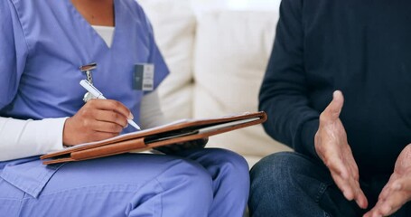 Wall Mural - Hands, documents or writing with a nurse and patient on a sofa in the living room of a retirement home together. Healthcare, medical or support with a caregiver asking questions to a senior closeup