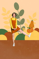 Sticker - Vertical collage portrait of impressed cheerful girl leg hold pile stack pumpkins painted plant leaves isolated on beige background