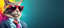 Animal Cat Portraits, Cool Business Animal In Sunglasses And Suit. With Copy Text Space, Wide Screen. Simple Background, Generative AI