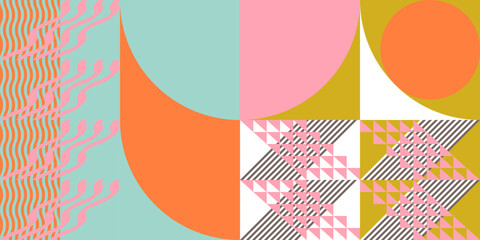 Leinwandbilder - Modern abstract geometric  vector seamless pattern with simple elements and shapes like circle, square and triangle. Graphic pastel colored minimalist background.