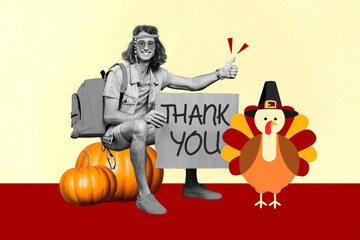 Artwork collage of black white effect guy sit pumpkin hold thank you placard hitch hiking drawing turkey hat isolated on beige background
