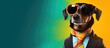 Animal dog portraits, Cool business animal in sunglasses and suit. With copy text space, wide screen. Simple background, Generative AI