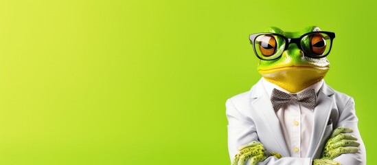 Wall Mural - Animal  frog portraits, Cool business animal in sunglasses and suit. With copy text space, wide screen. Simple background, Generative AI