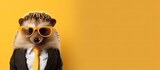 Fototapeta  - Animal hedgehog portraits, Cool business animal in sunglasses and suit. With copy text space, wide screen. Simple background, Generative AI