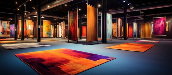 Colorful carpets on display in a shop