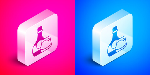 Wall Mural - Isometric Whiskey bottle and glass icon isolated on pink and blue background. Silver square button. Vector