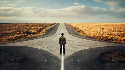 A man stands on a road, the roads go in different directions. Generative AI.