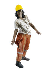 Poster - A scary construction worker zombie with blood and wounds on his body walking