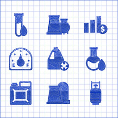 Sticker - Set Antifreeze canister, Oil and gas industrial factory building, Propane tank, petrol test tube, Canister for gasoline, Motor gauge, Pie chart infographic dollar and icon. Vector