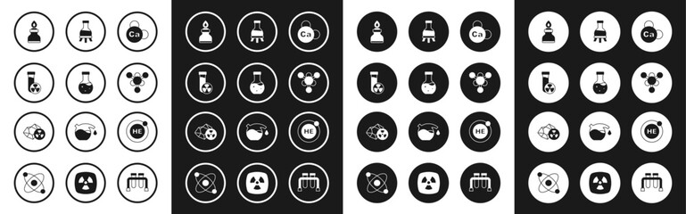 Poster - Set Mineral Ca Calcium, Test tube, with toxic liquid, Alcohol or spirit burner, Molecule, Helium and Radioactive icon. Vector