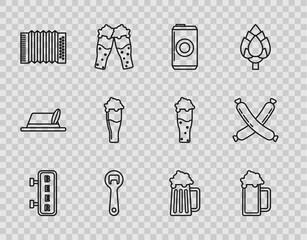 Poster - Set line Street signboard with inscription Beer, Glass of beer, can, Bottle opener, Musical instrument accordion, Wooden mug and Crossed sausage icon. Vector