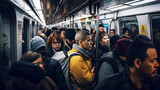 Fototapeta  - foule de personnes entassées dans un wagon de métro à l'heure de pointe